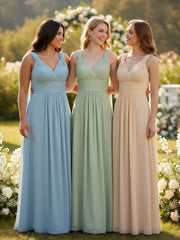 V-neck Chiffon Gown with Streamer at Back Strap-Dusty Sage Plus Size