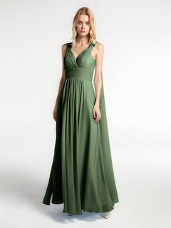 V-neck Chiffon Gown with Streamer at Back Strap-Olive Green