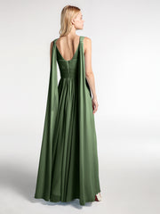 V-neck Chiffon Gown with Streamer at Back Strap-Olive Green Plus Size