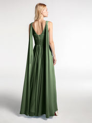 V-neck Chiffon Gown with Streamer at Back Strap-Olive Green