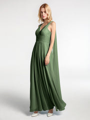 V-neck Chiffon Gown with Streamer at Back Strap-Olive Green Plus Size