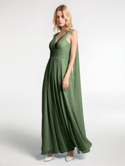 V-neck Chiffon Gown with Streamer at Back Strap-Olive Green
