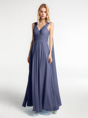 V-neck Chiffon Gown with Streamer at Back Strap-Stormy