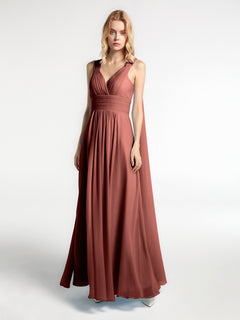 V-neck Chiffon Gown with Streamer at Back Strap-Terracotta