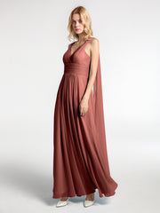V-neck Chiffon Gown with Streamer at Back Strap-Terracotta Plus Size