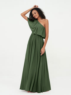 One Shoulder Long Chiffon Dresses with Pockets-Olive Green