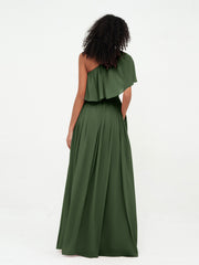 One Shoulder Long Chiffon Dresses with Pockets-Olive Green Plus Size