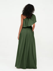 One Shoulder Long Chiffon Dresses with Pockets-Olive Green