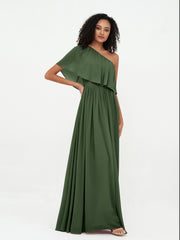 One Shoulder Long Chiffon Dresses with Pockets-Olive Green
