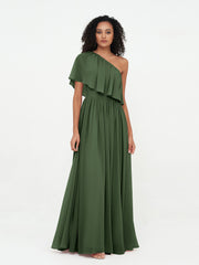 One Shoulder Long Chiffon Dresses with Pockets-Olive Green