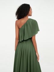 One Shoulder Long Chiffon Dresses with Pockets-Olive Green
