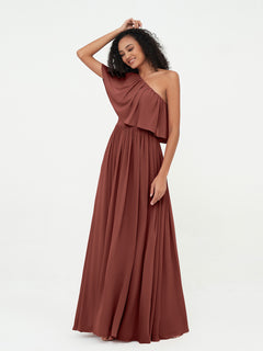 One Shoulder Long Chiffon Dresses with Pockets-Terracotta