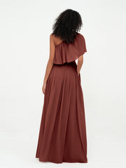 One Shoulder Long Chiffon Dresses with Pockets-Terracotta Plus Size