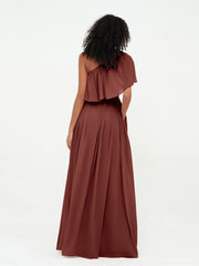 One Shoulder Long Chiffon Dresses with Pockets-Terracotta