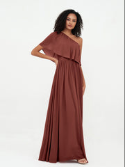 One Shoulder Long Chiffon Dresses with Pockets-Terracotta