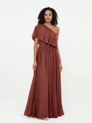 One Shoulder Long Chiffon Dresses with Pockets-Terracotta