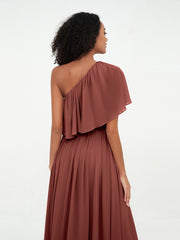 One Shoulder Long Chiffon Dresses with Pockets-Terracotta