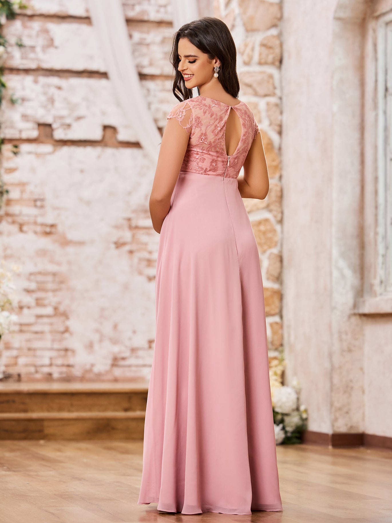 BABARONI Illusion Neck Lace Top Empire Maxi Maternity Dresses Peach, Peach / US0