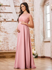 Illusion Neck Lace Top Empire Maxi Maternity Dresses Dusty Rose