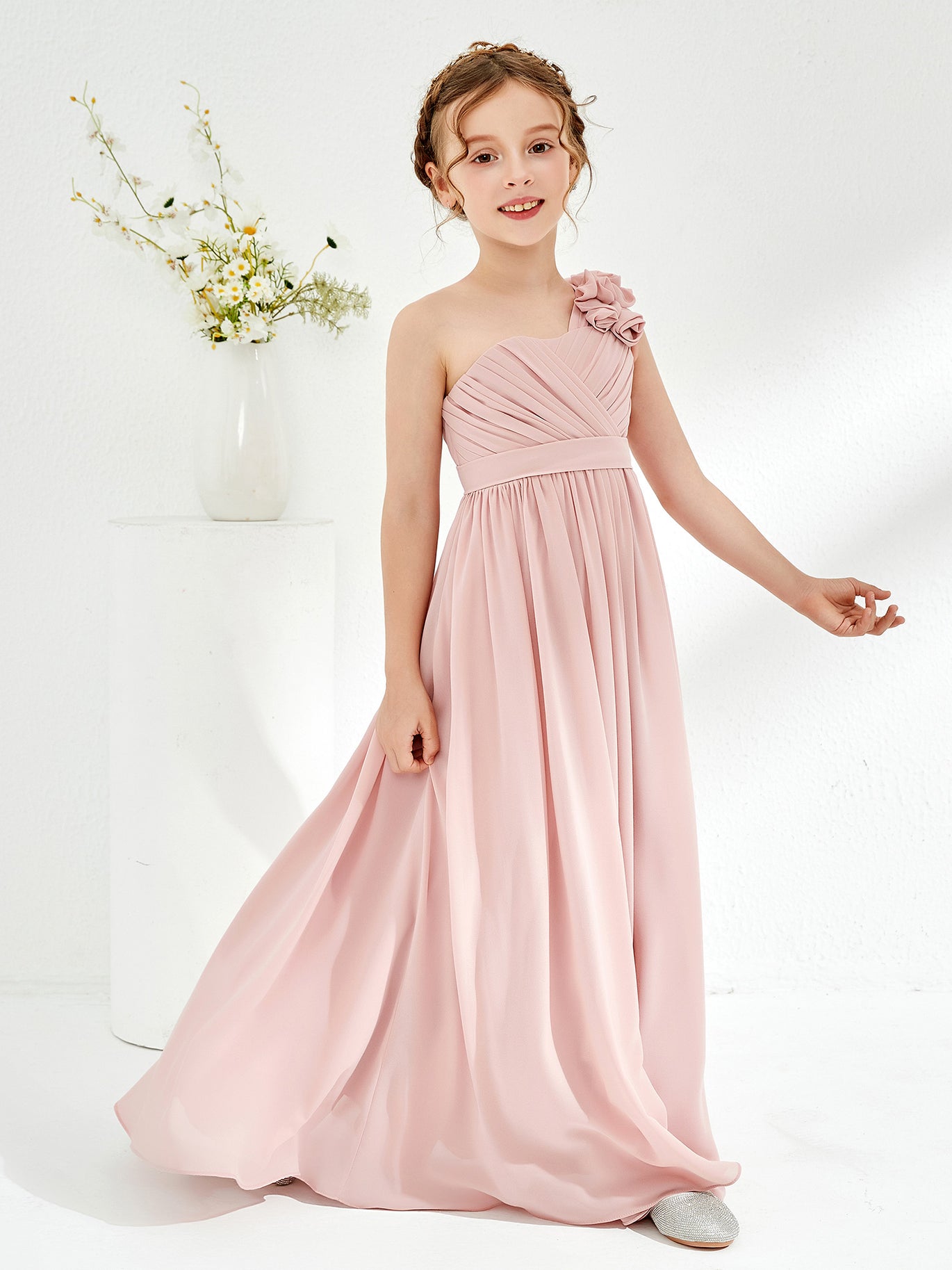 BABARONI One Shoulder Long Junior Bridesmaid Dress With Flowers Pearl Pink, Pearl Pink / J4