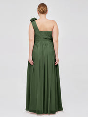 One Shoulder Chiffon Dress with Flowers Strap-Olive Green