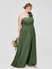 One Shoulder Chiffon Dress with Flowers Strap-Olive Green