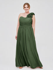 One Shoulder Chiffon Dress with Flowers Strap-Olive Green Plus Size