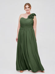 One Shoulder Chiffon Dress with Flowers Strap-Olive Green