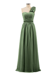 One Shoulder Chiffon Dress with Flowers Strap-Olive Green