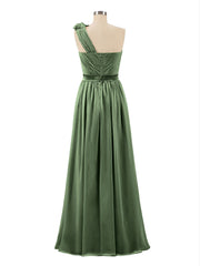 One Shoulder Chiffon Dress with Flowers Strap-Olive Green