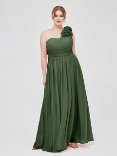 One Shoulder Chiffon Dress with Flowers Strap-Olive Green