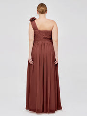 One Shoulder Chiffon Dress with Flowers Strap-Terracotta Plus Size