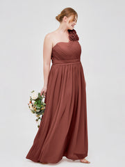 One Shoulder Chiffon Dress with Flowers Strap-Terracotta Plus Size