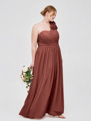 One Shoulder Chiffon Dress with Flowers Strap-Terracotta