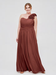 One Shoulder Chiffon Dress with Flowers Strap-Terracotta Plus Size