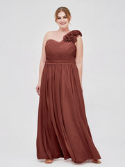 One Shoulder Chiffon Dress with Flowers Strap-Terracotta