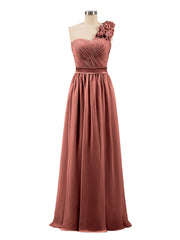 One Shoulder Chiffon Dress with Flowers Strap-Terracotta Plus Size