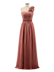 One Shoulder Chiffon Dress with Flowers Strap-Terracotta