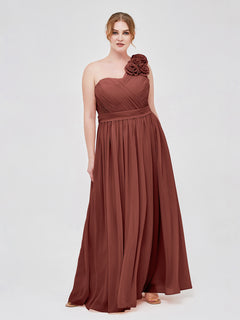 One Shoulder Chiffon Dress with Flowers Strap-Terracotta