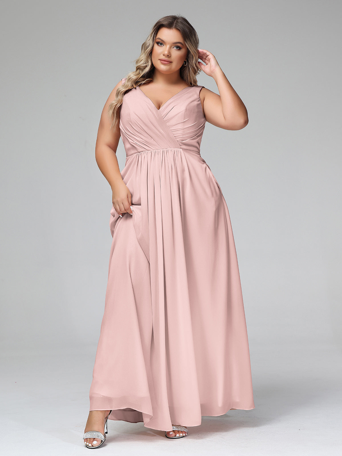 Simple V-neck Beaded Chiffon Dress Dusty Rose