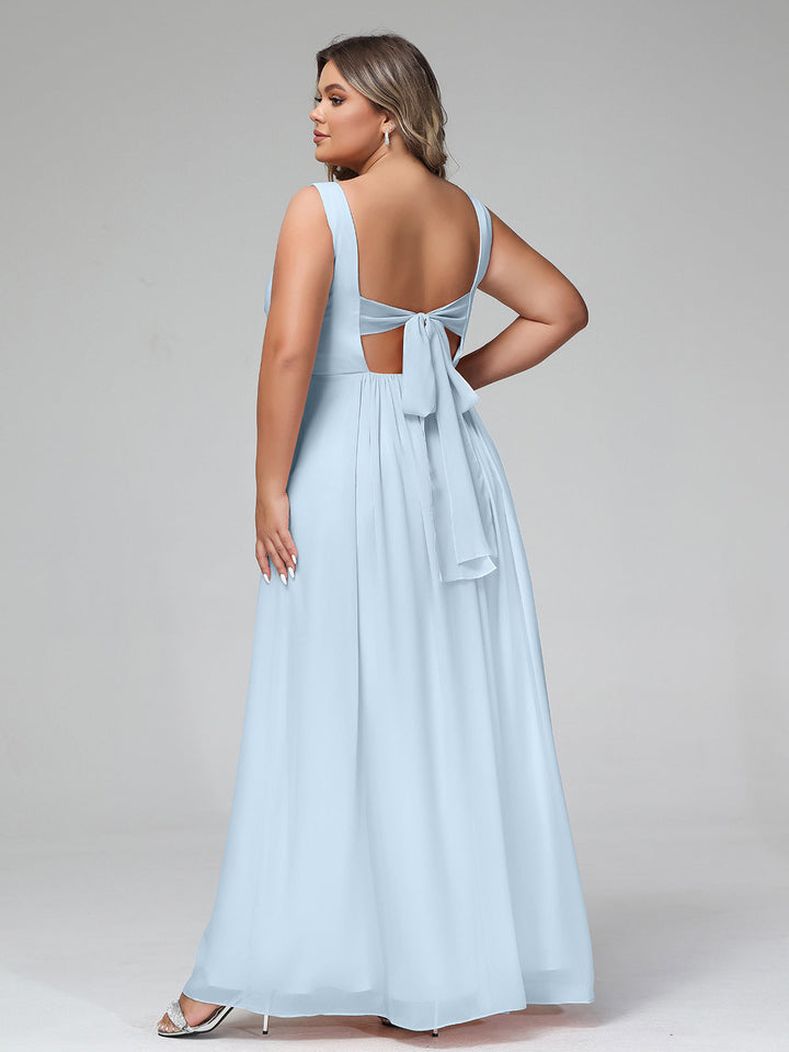 V-neck Sleeveless Knee-length Chiffon Gown Sky Blue