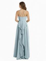 Halter Chiffon Long Bridesmaid Dresses-Mist