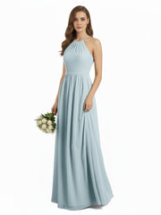Halter Chiffon Long Bridesmaid Dresses-Mist