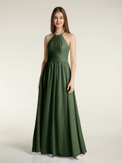 Halter Chiffon Long Bridesmaid Dresses-Olive Green