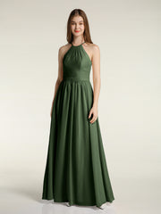 Halter Chiffon Long Bridesmaid Dresses-Olive Green Plus Size