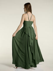 Halter Chiffon Long Bridesmaid Dresses-Olive Green Plus Size