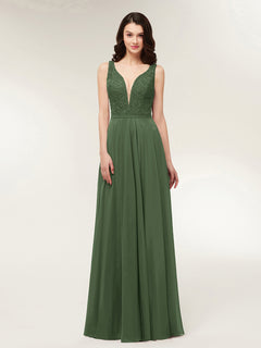 Open Back Dress with Lace Bodice-Olive Green