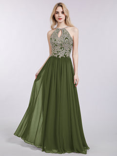 Halter Chiffon with Gold Appliqued Dress Olive Green