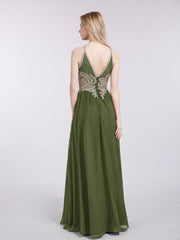 Halter Chiffon with Gold Appliqued Dress Olive Green