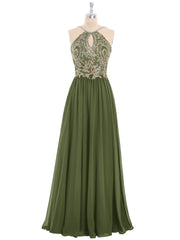 Halter Chiffon with Gold Appliqued Dress Olive Green